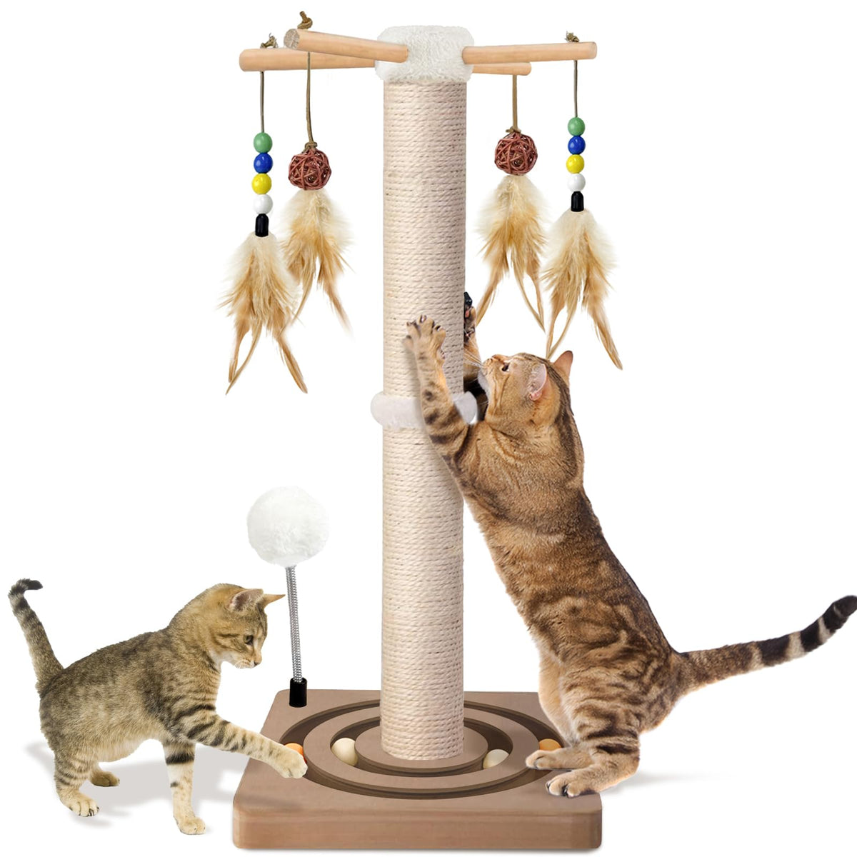 Cat Scratching Post, Sisal Scratcher with Enrichment Toys for Indoor Cats