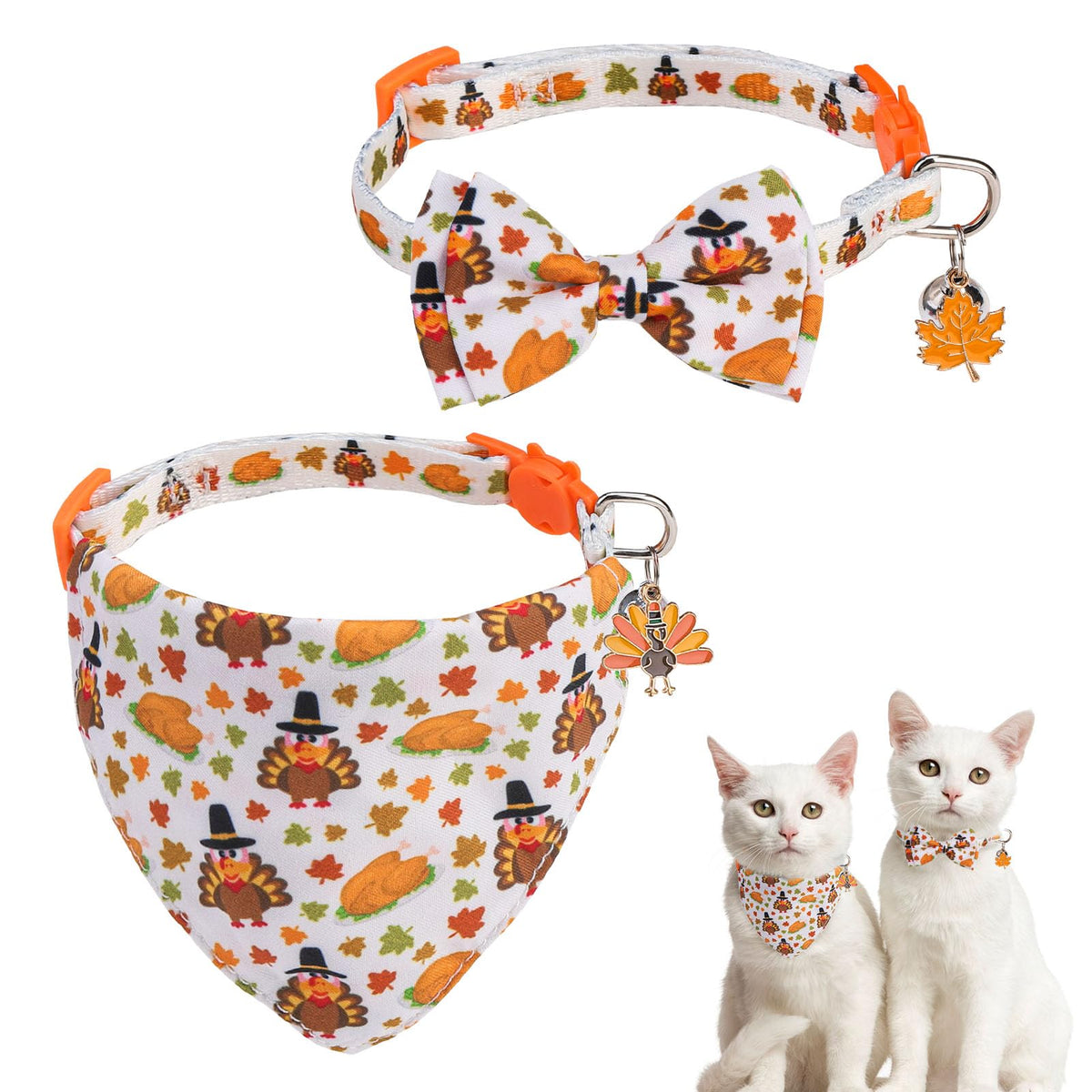 SCENEREAL Fall Cat Collar with Bell & Stylish Bowtie, Turkey Maple Leaf Pattern Breakaway Cat Collars Accessories for Boy Girl Small Cats, Holiday Thanksgiving Kitten Costumes for Female Male Pets