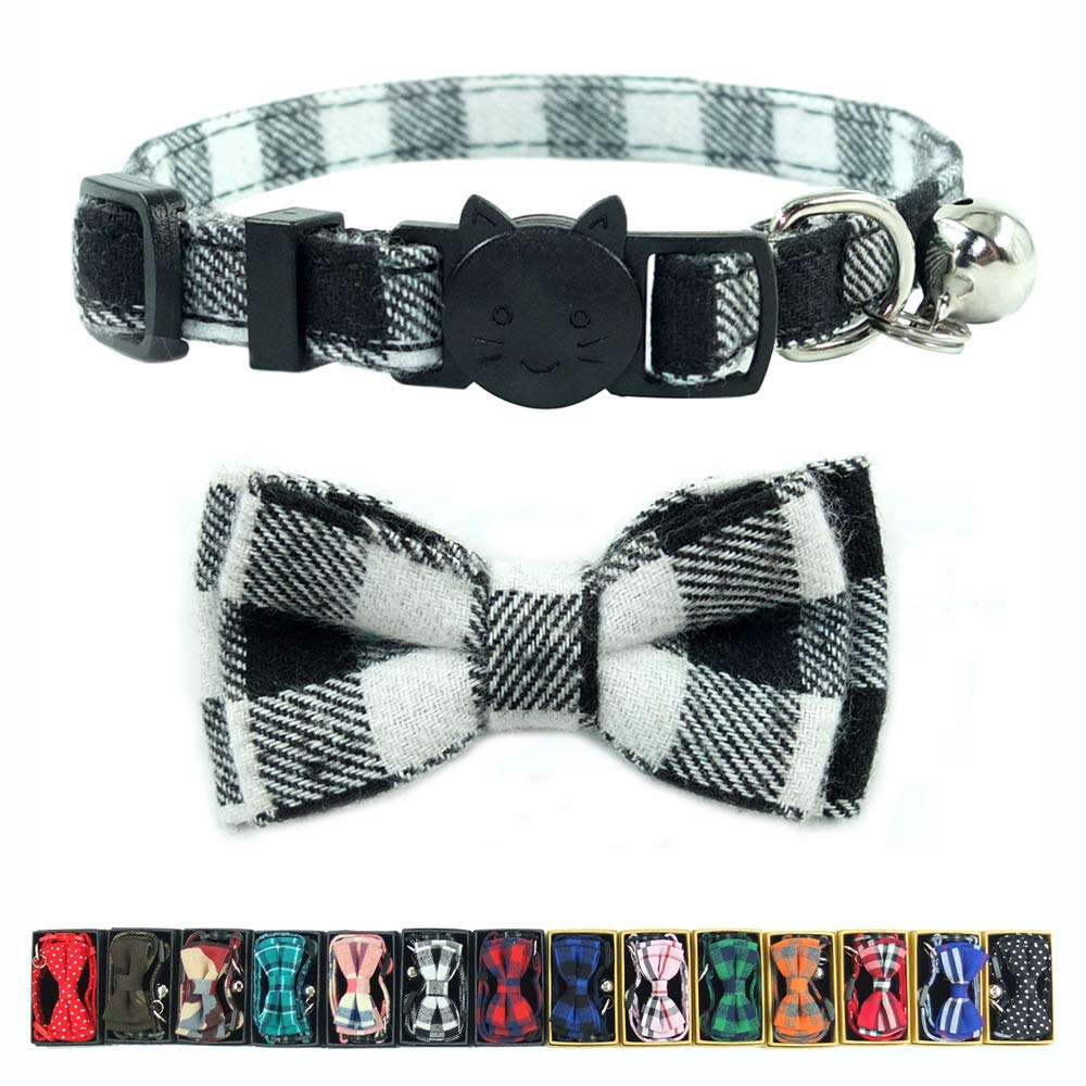 Cat Collar Breakaway with Bell and Bow Tie, Plaid Design Adjustable Safety Kitty Kitten Collars Set of 2 PCS (6.8-10.8in) (Green&Orange Plaid)