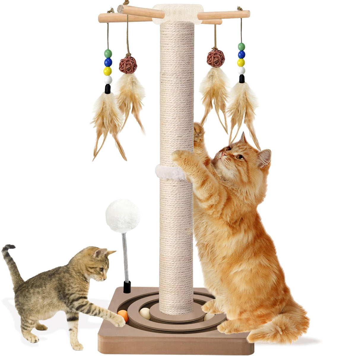 Cat Scratching Post, Sisal Scratcher with Enrichment Toys for Indoor Cats