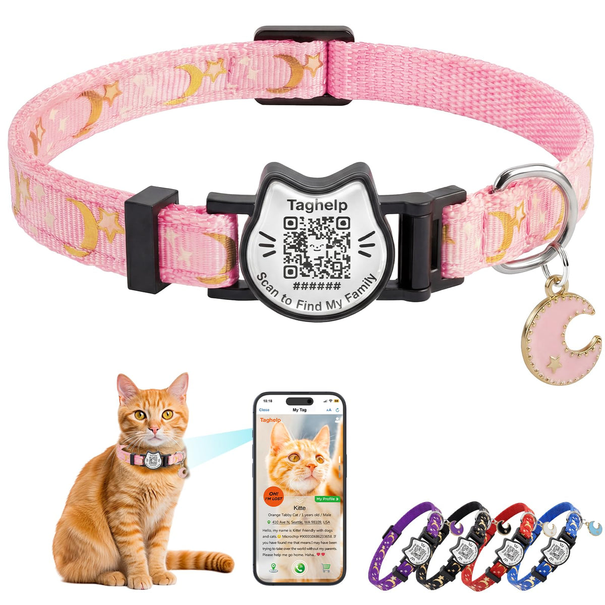 Breakaway Cat Collar with QR Code Tag and Bell (Black & Rose red)