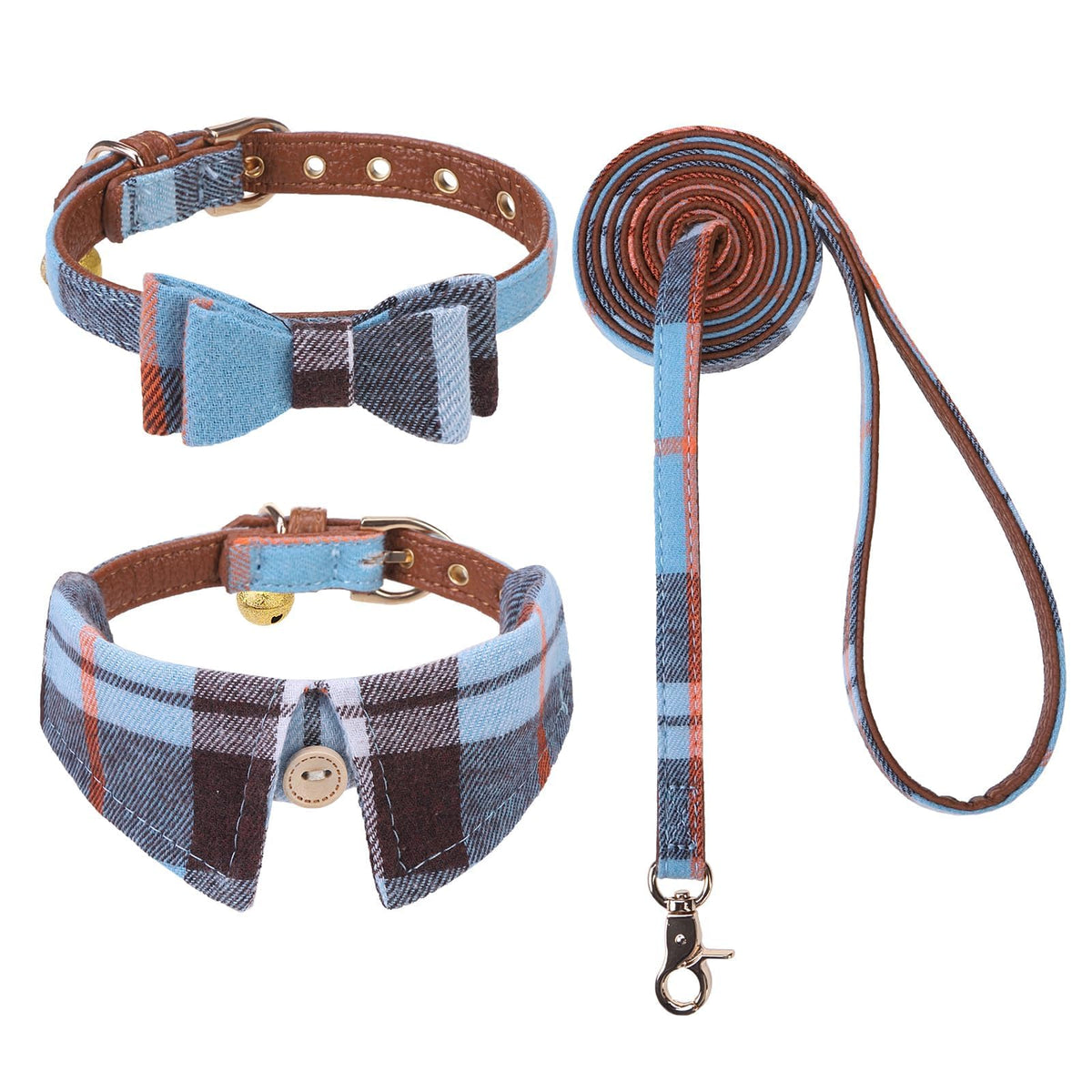 KOOLTAIL Cute Small Dog Collar and Leash Set with Bowtie and Bells,Puppy Bandana Collar and Leash for Girls with Pink Heart Pattern,Soft Leather Tangle Free Leashes for Small Dogs,Cats