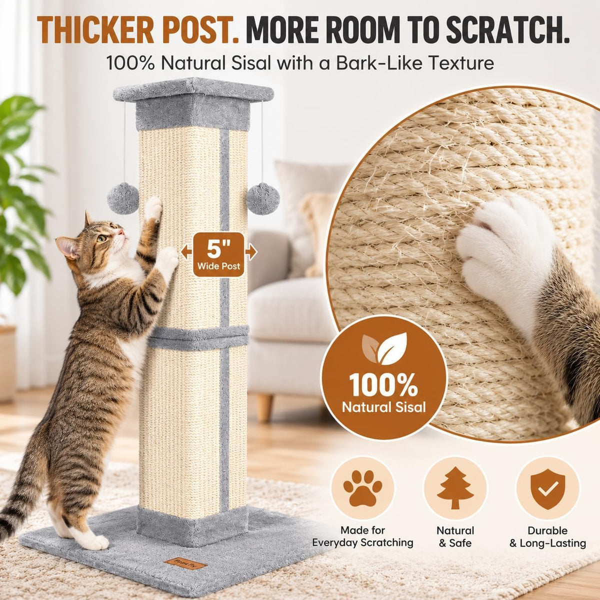 Cat Scratching Post 33 Inch for Indoor Cats, Tall Cat Scratcher with 100% Natural Sisal, Large Stable Base & 5 Inch Wide Post, Cat Scratch Post for Large Cats, Full-Body Stretching, Grey