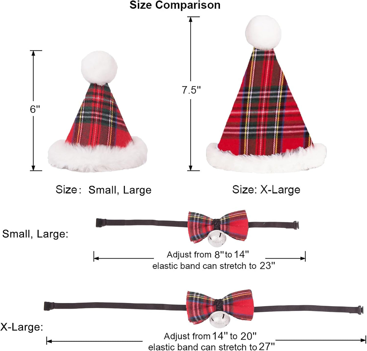 ADOGGYGO Christmas Dog Bandana Hat Bow Tie Set - Stylish Red Plaid Puppy Christmas Hat Scarf Costume Outfit for Small Dogs Pets (Small)
