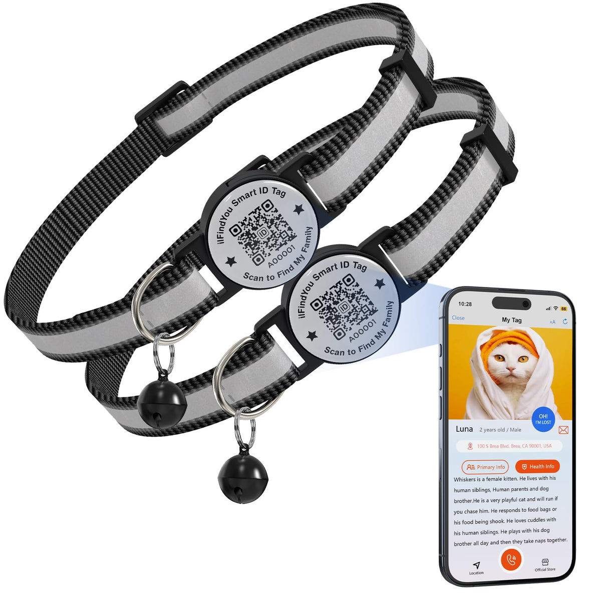 Cat Collar Breakaway QR Code, Reflective cat Collar with Bells, 3-Pack