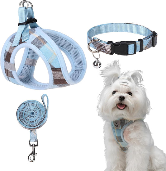 EXPAWLORER Classic Plaid Puppy Harness - Small Dog Collar and Leash with AirTag Holder Case - Soft Mesh Padded Adjustable Dog Vest Harness No Pull, Reflective Escape Proof for Outdoor, Blue S