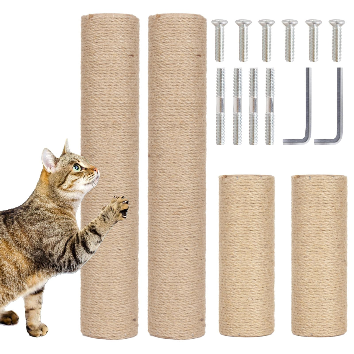 PowerKing Natural Sisal Replacement Scratching Post, 15.7'' 2 Pieces M8 Cat Scratch Post Refill Pole Parts for Refurbishment, Include Screws (White)