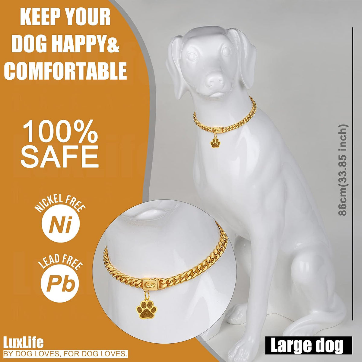 Dog Chain Collars Gold Dog Collar 10mm Gold Cuban Link Dog Collar Stainless Steel 18K Gold Dog Chain with Snap Buckle Dog tag & Bell for Puppy Small Medium Large Dogs(16")