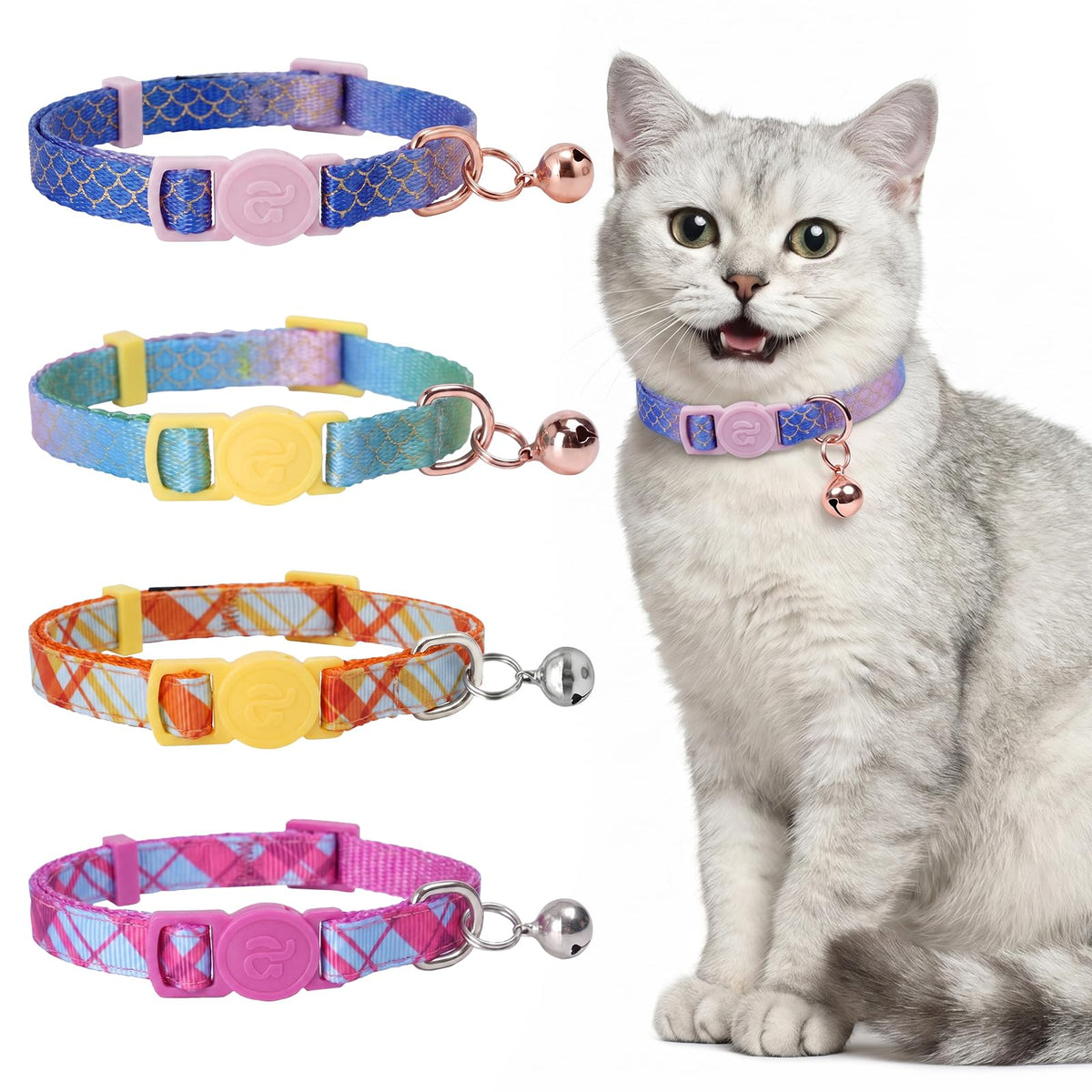 azuza 4 Pack Kitten Collars, Breakaway Kitten Collar with Bell, Plaid