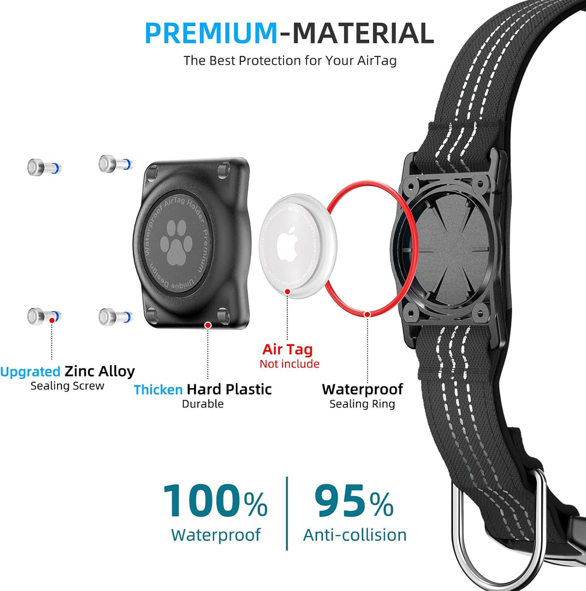 Upgrade Dog Collar with AirTag Holder, IP68 Waterproof, Black, S