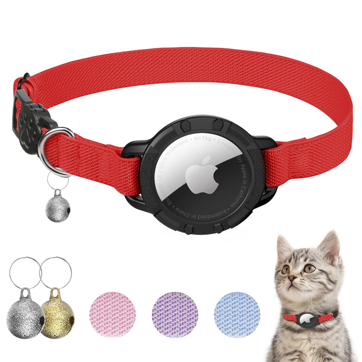AirTag Cat Collars, Stretchy Collar with AirTag Holder and Bell