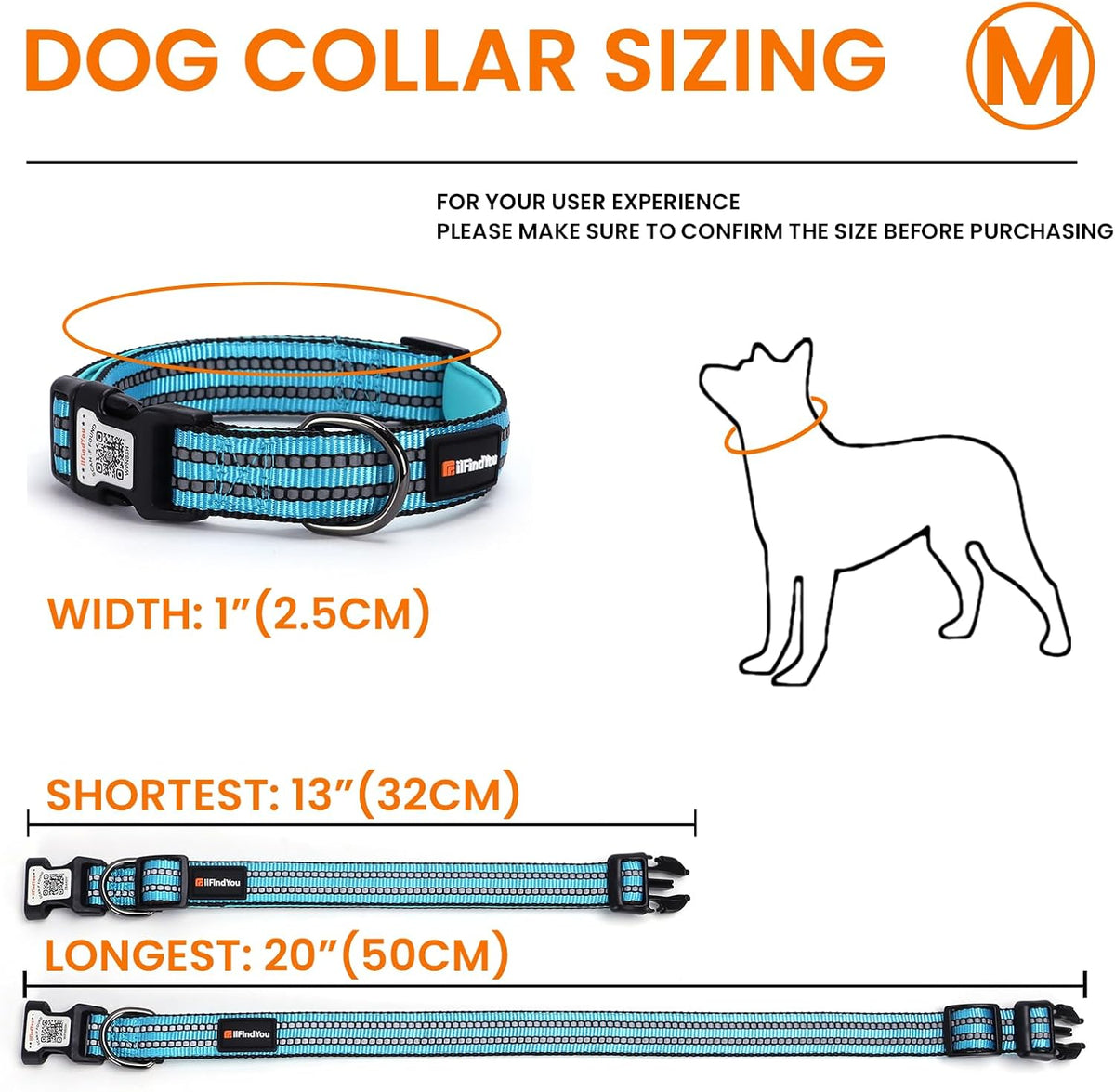 Personalized Dog Collar with QR Code Dog Tag, Light Blue M