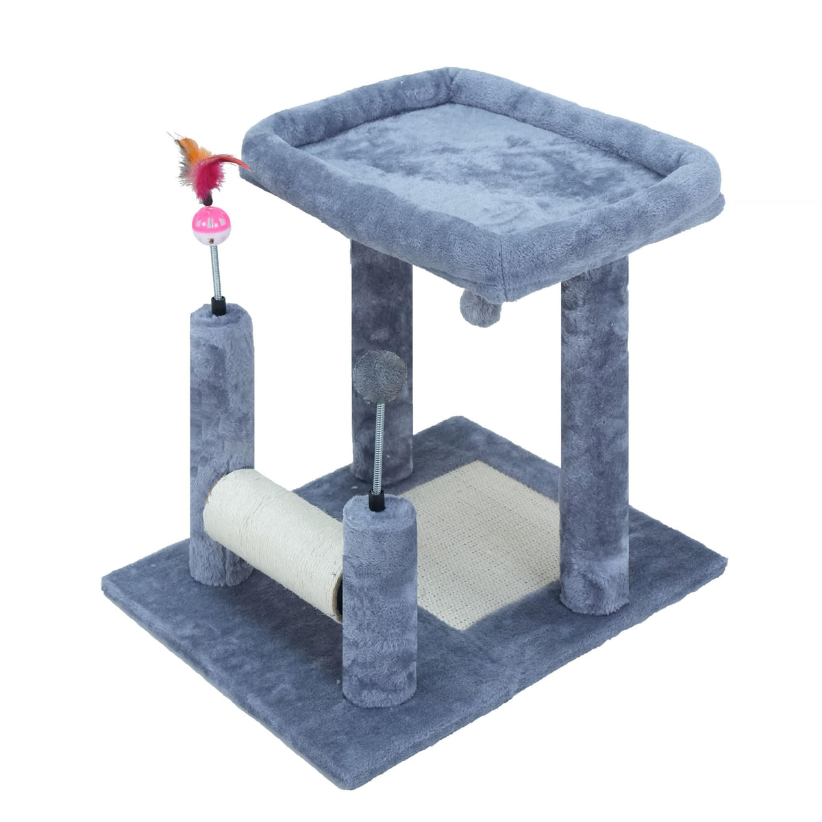 ROYPET Multifunctional Cat Scratching Posts for Indoor Kittens,Cat Scratching Pads for Play and Activity,Scratching Posts with Feather Toys and Spring Hanging Balls,Grey