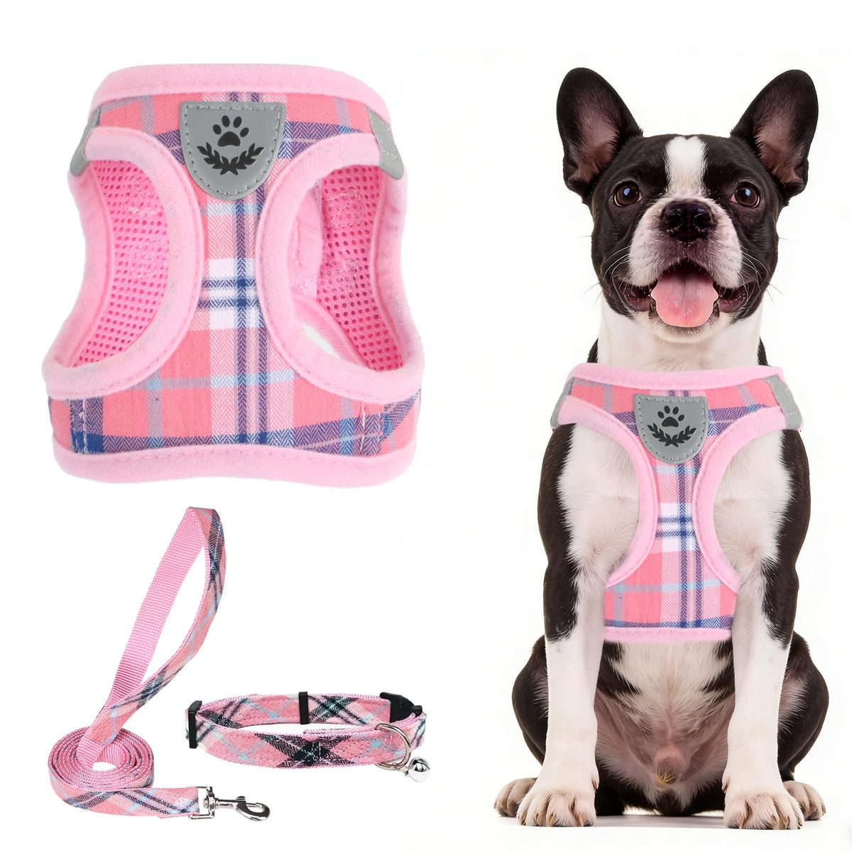 PUPTECK Adjustable Pet Harness Collar &Leash Set Step in for Small Dogs Puppy &Cats Outdoor Training &Running, Soft Mesh Padded Reflective Vest Harness,M: Chest girth: 16-18in Collar: 11.8-15.7in