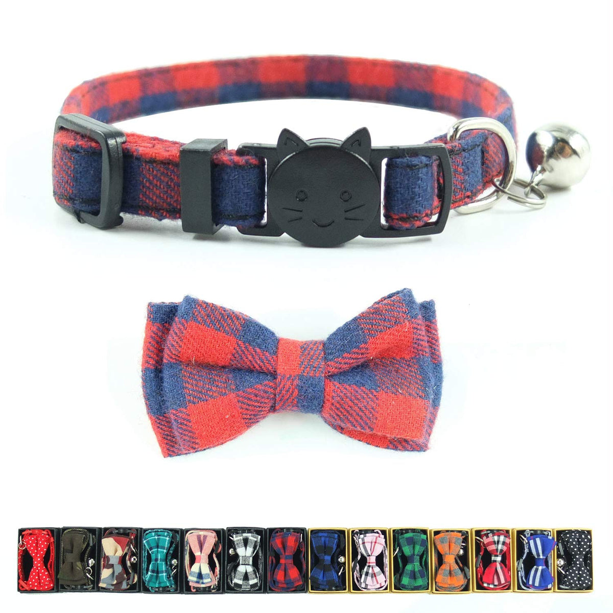 Cat Collar Breakaway with Bell and Bow Tie, Plaid Design Adjustable Safety Kitty Kitten Collars Set of 2 PCS (6.8-10.8in) (Green&Orange Plaid)