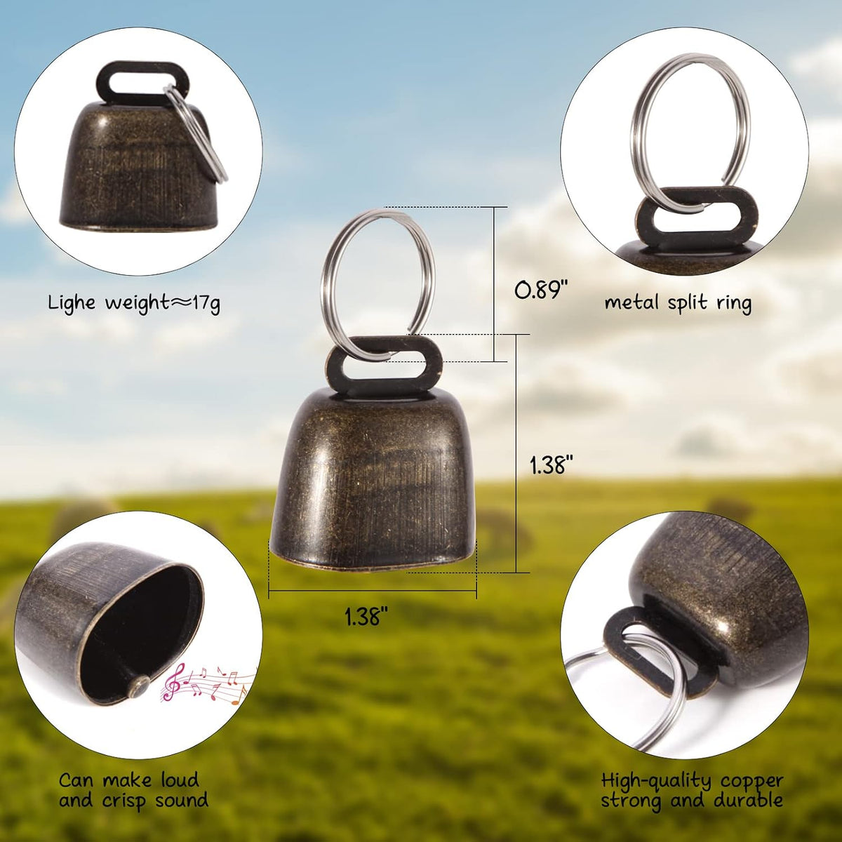 4 Pack Goat Collars with Bell Adjustable Nylon Collar and Grazing Copper Bells Set Farm Animal Anti-Lost with Loud Bronze Bells for Goat Sheep Horse Cow