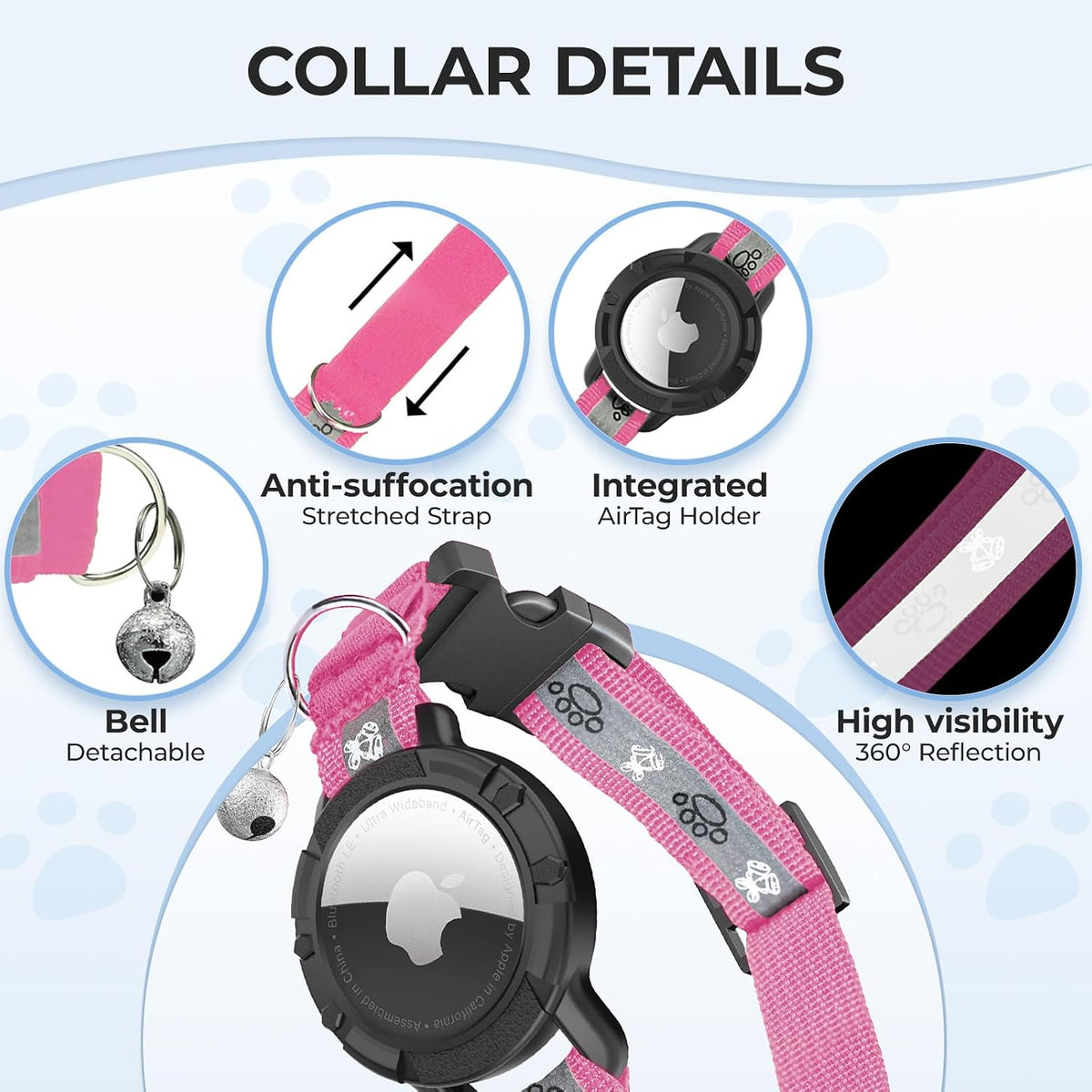 Breakaway AirTag Cat Collar, Reflective Cat Tracker Collar with Bell