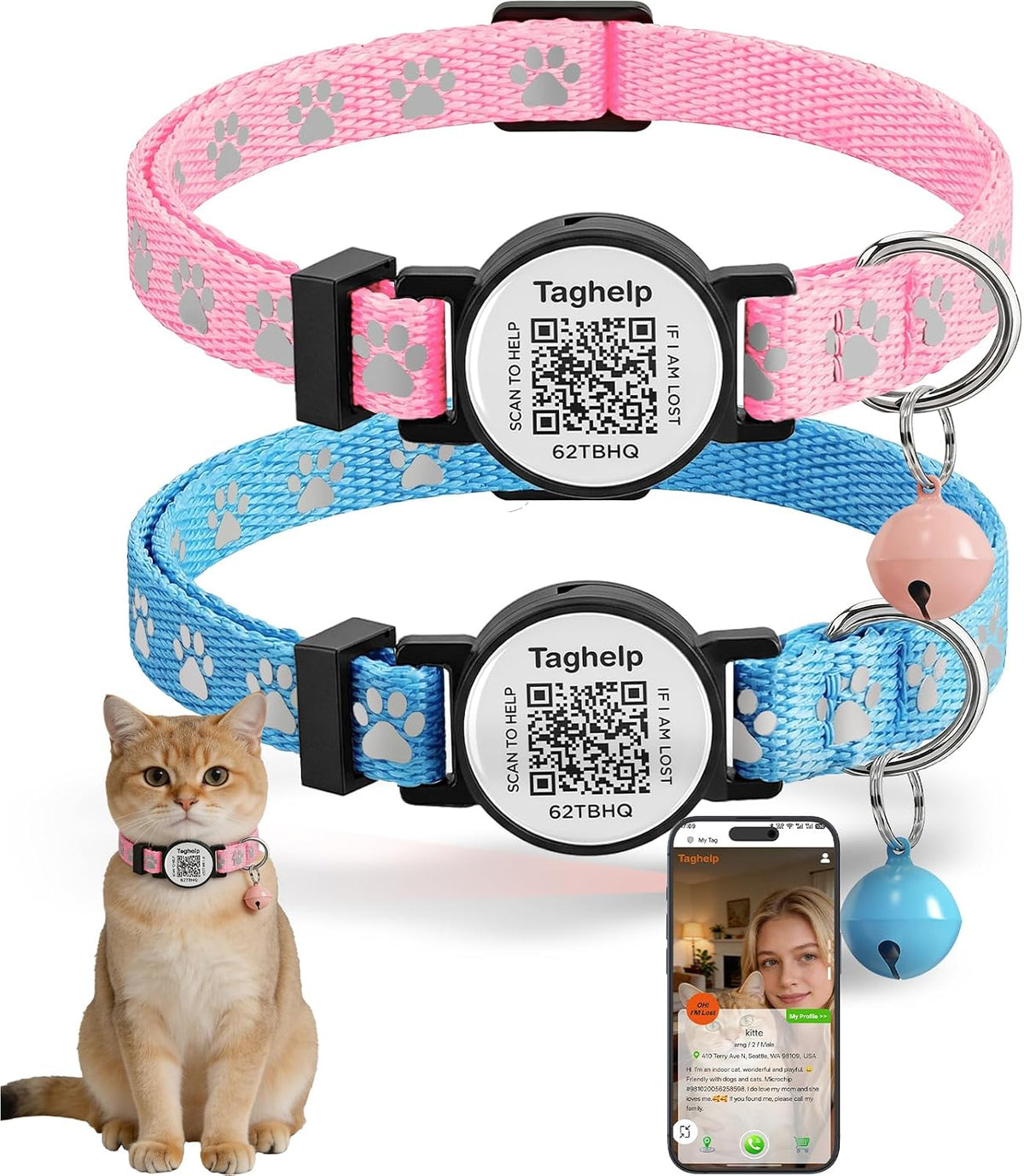 2 Pack QR Code Cat Collar with Instant Lost Pet Recovery System, Scan for Urgent Alerts & Location Info, Breakaway Reflective Collar with Safety Bell (Blue & Pink)