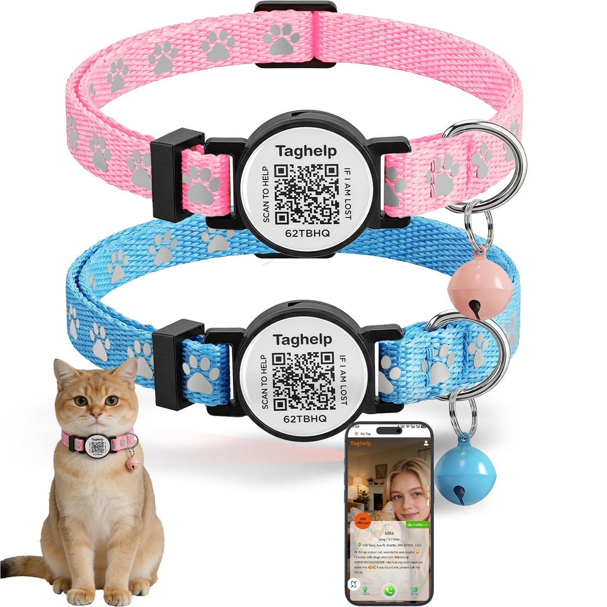 2 Pack QR Code Cat Collar with Instant Lost Pet Recovery System, Scan for Urgent Alerts & Location Info, Breakaway Reflective Collar with Safety Bell (Blue & Pink)