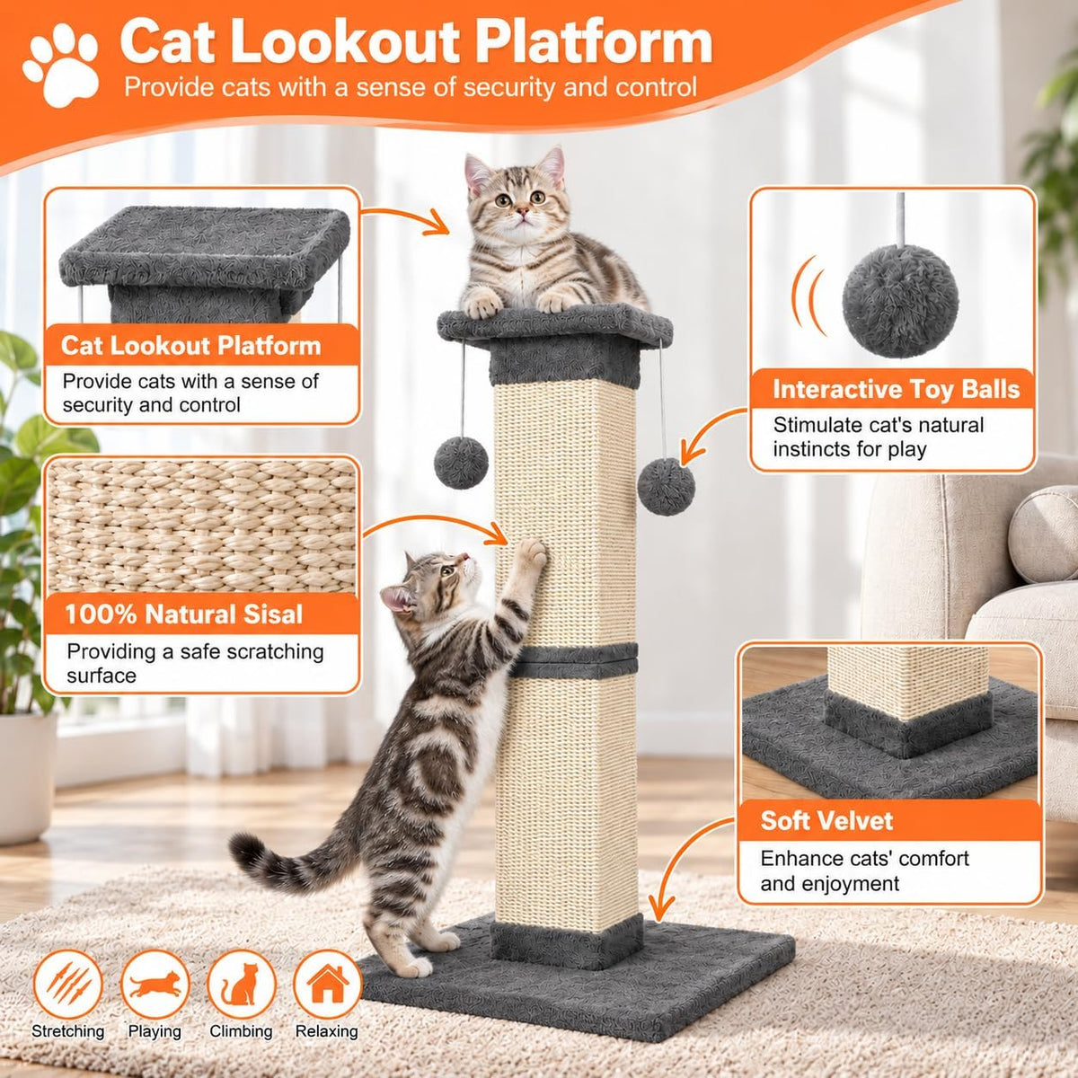 Cat Scratching Post 33 Inch Nature Sisal Scratch Post for Indoor Cats, Large Cat Scratcher Protect Your Furniture, for All Breeds Grey