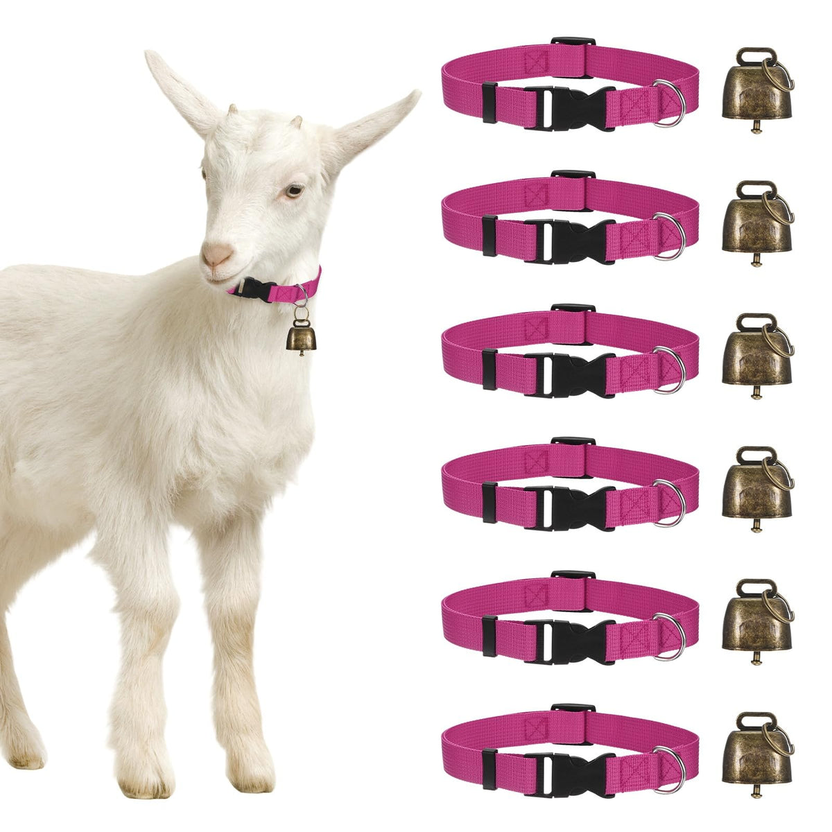 M METERXITY 6-Pack Goat Collars with Bells, 13.8"-20.5" Polyester Adjustable Pet Collar with Anti-Lost Grazing Copper Bell for Small Farm Animal/Sheep/Cow/Goat [Black]