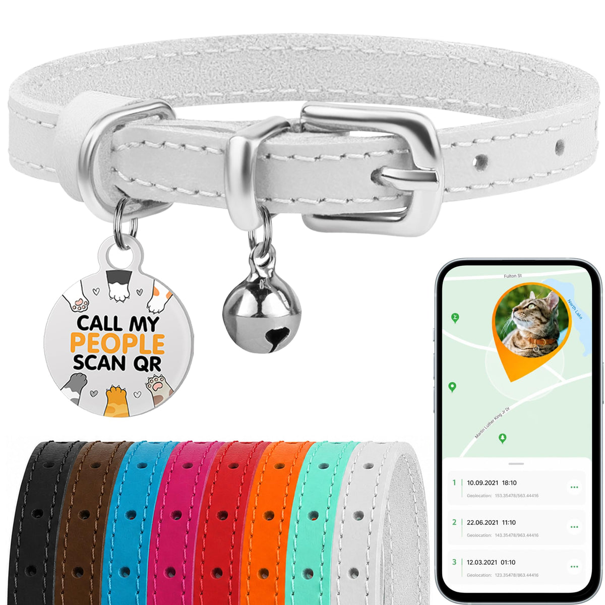 Leather Cat Collar, Removable Bells, QR Tag (9-12", Black & Gold)