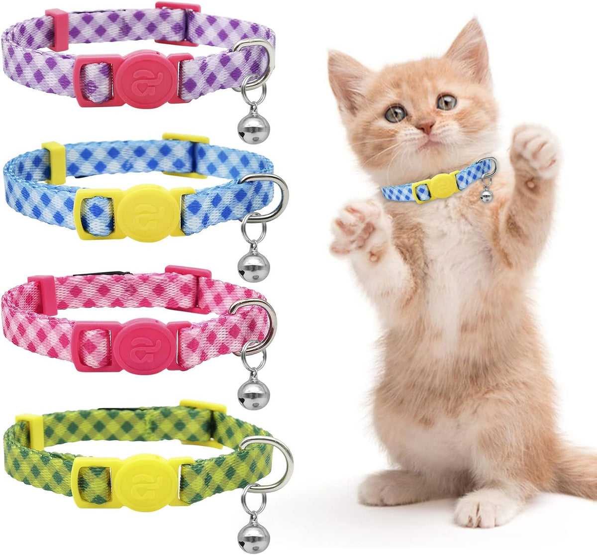 azuza 4 Pack Kitten Collars, Breakaway Kitten Collar with Bell, Plaid