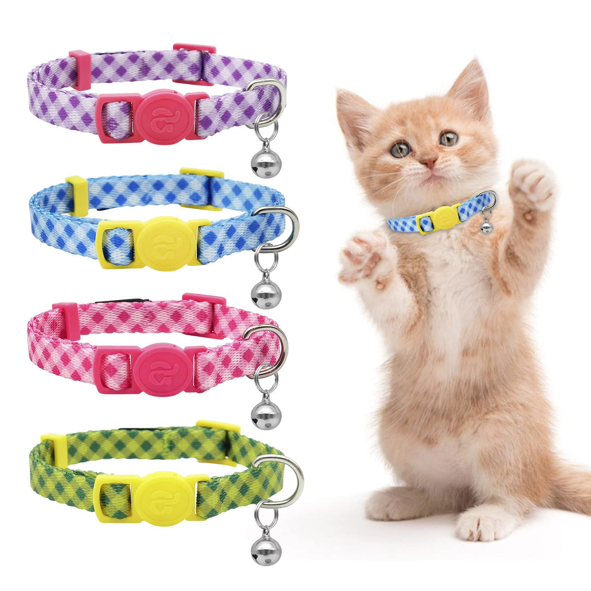 azuza 4 Pack Kitten Collars, Breakaway Kitten Collar with Bell, Plaid