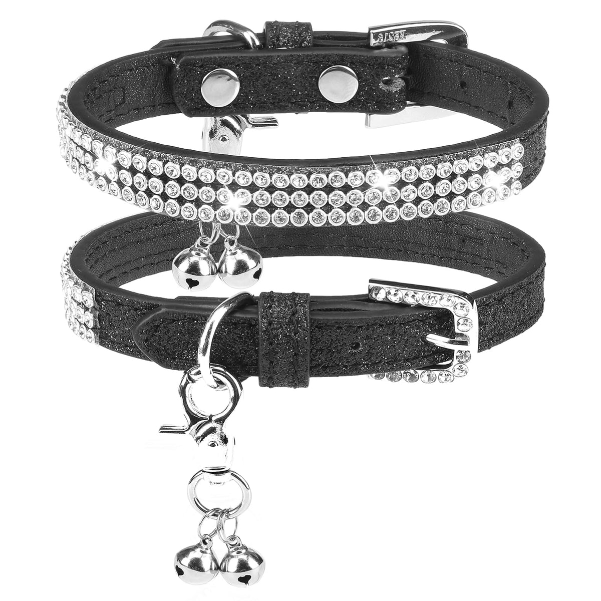 PUPTECK Basic Adjustable Cat Collar with Bling Diamond and Double Bells, for Kitten and Small Puppy, Fashion and Shining Dog Rhinestone Collars, 8-10 in, Pink