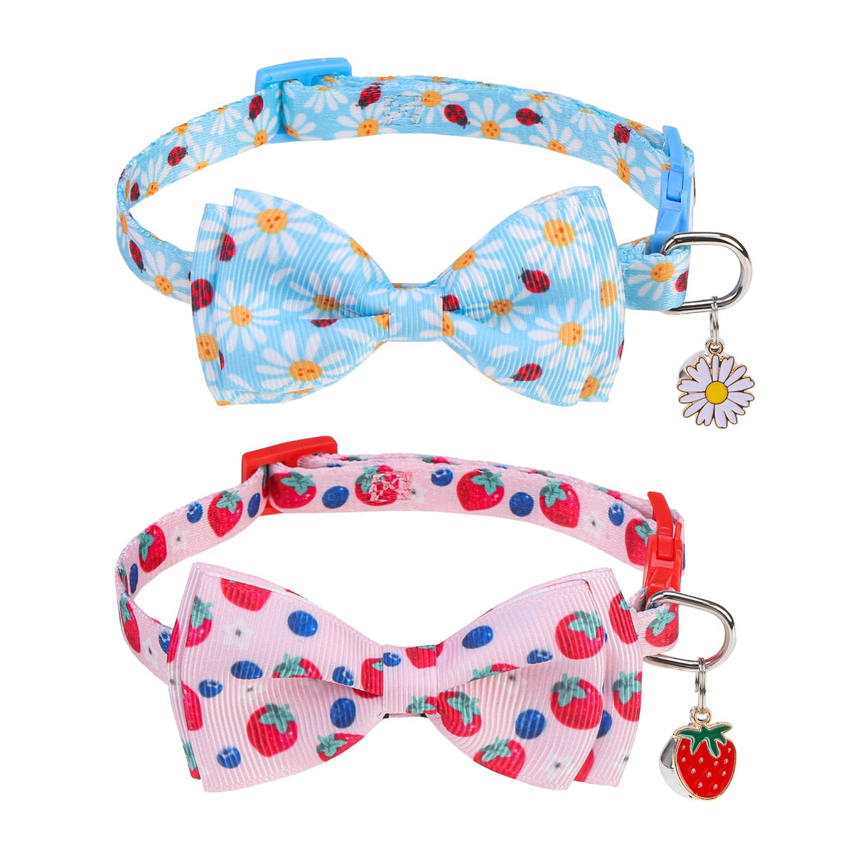 SCENEREAL Breakaway Cat Collar with Bell, 2 Pack Safety Adjustable Cat Collars with Pendant, Pink Personalised Puppy Kitten Collar with Bow for Spring Summer, Strawberry Daisy