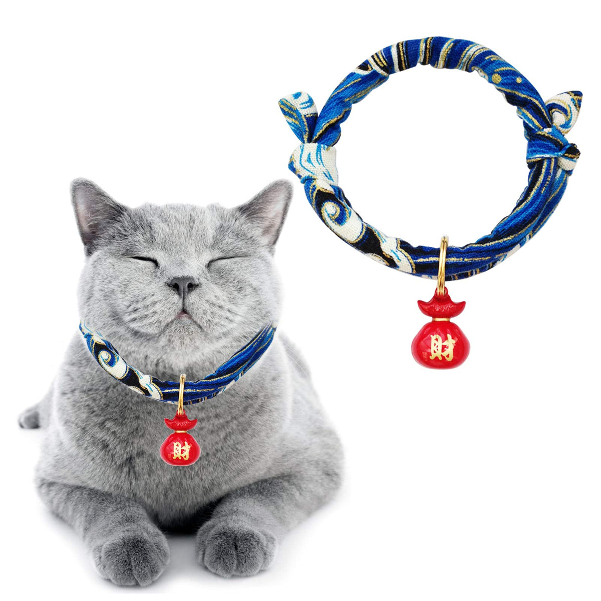 Cat Collar with Bell, 1 Pack Blue Japanese Style Waves Print Pet Collar Adjustable Cat Collar with Fortune Bell for Small Cats Puppy Pets, M