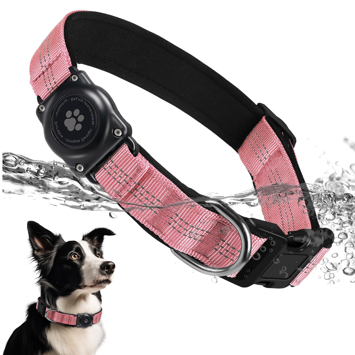 Upgrade Dog Collar with AirTag Holder, IP68 Waterproof, Black, S