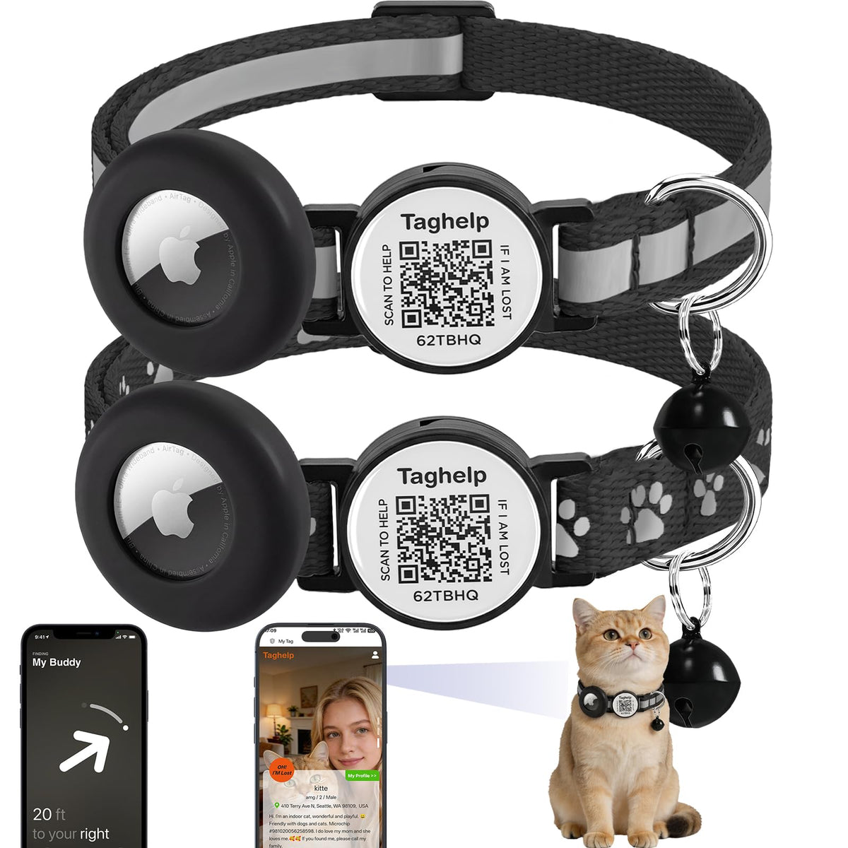 2 Pack Airtag Cat Collar, Breakaway Cat Airtag with Smart ID tag & QR Code Reflective (Moon Stars - Black & Pink, with Integrated AirTag Holder)