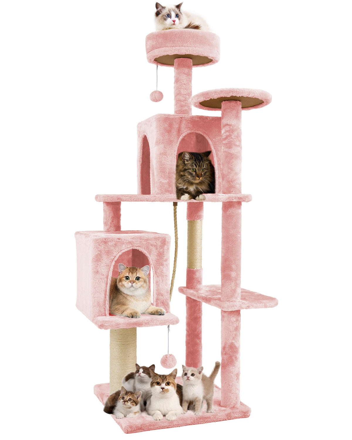 58.5inch Large Cat Tree Tower Condo for Indoor Cats, Soft Plush Multi-Level Climbing Tree Cat House with Cat Cave, Scratching Post, More Entrance/Exit, Sisal Rope, Grey Black