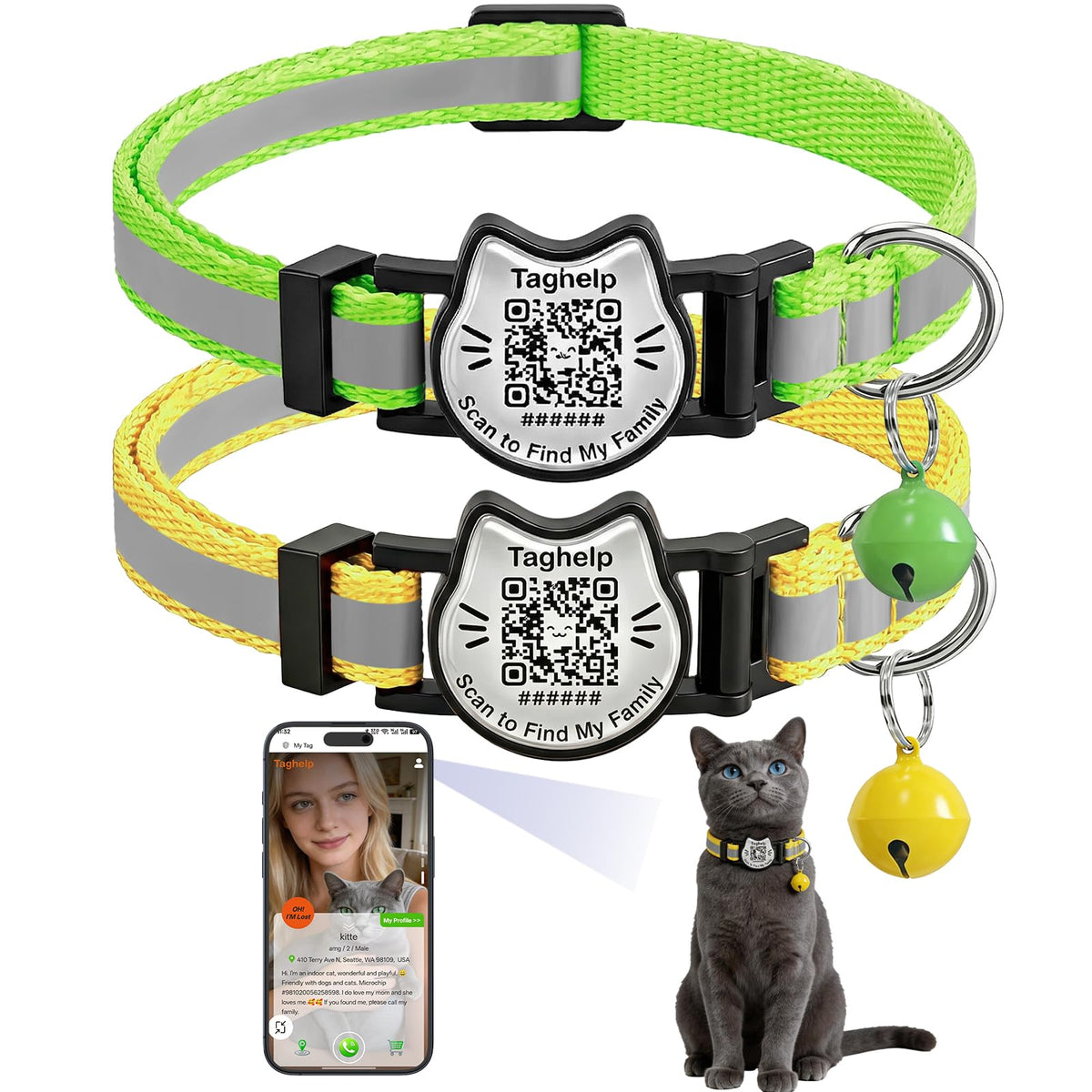 Breakaway Cat Collar with QR Code Tag and Bell (Black & Rose red)