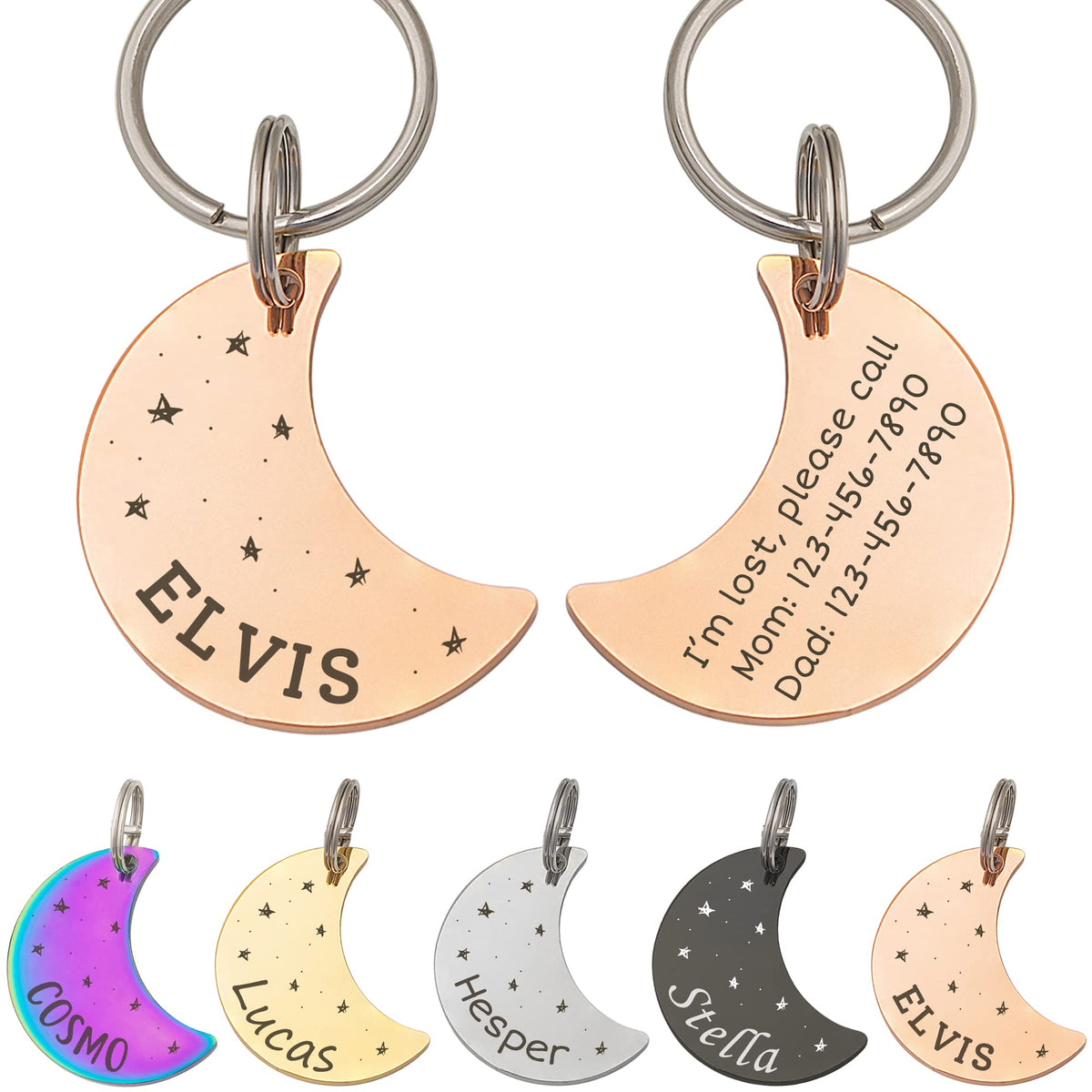 Anavia Starry Sky Theme Pet ID Tags in Half Moon & Star Shape, Personalized Dog Name Tag Cat Tag, Glossy Stainless Steel Gold Plated Black Rainbow Dog Collar Tag (Medium, Star Shape, Black)