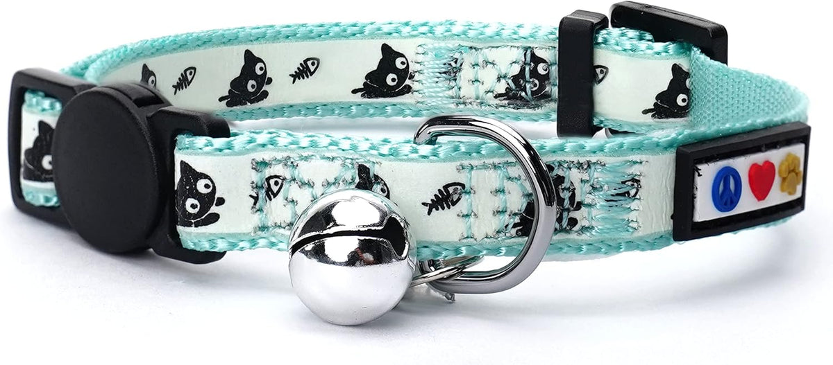 Pawtitas Glow in the Dark Cat Collar with Breakaway Safety Buckle & Bell Adjustable Kitten Collar, Teal