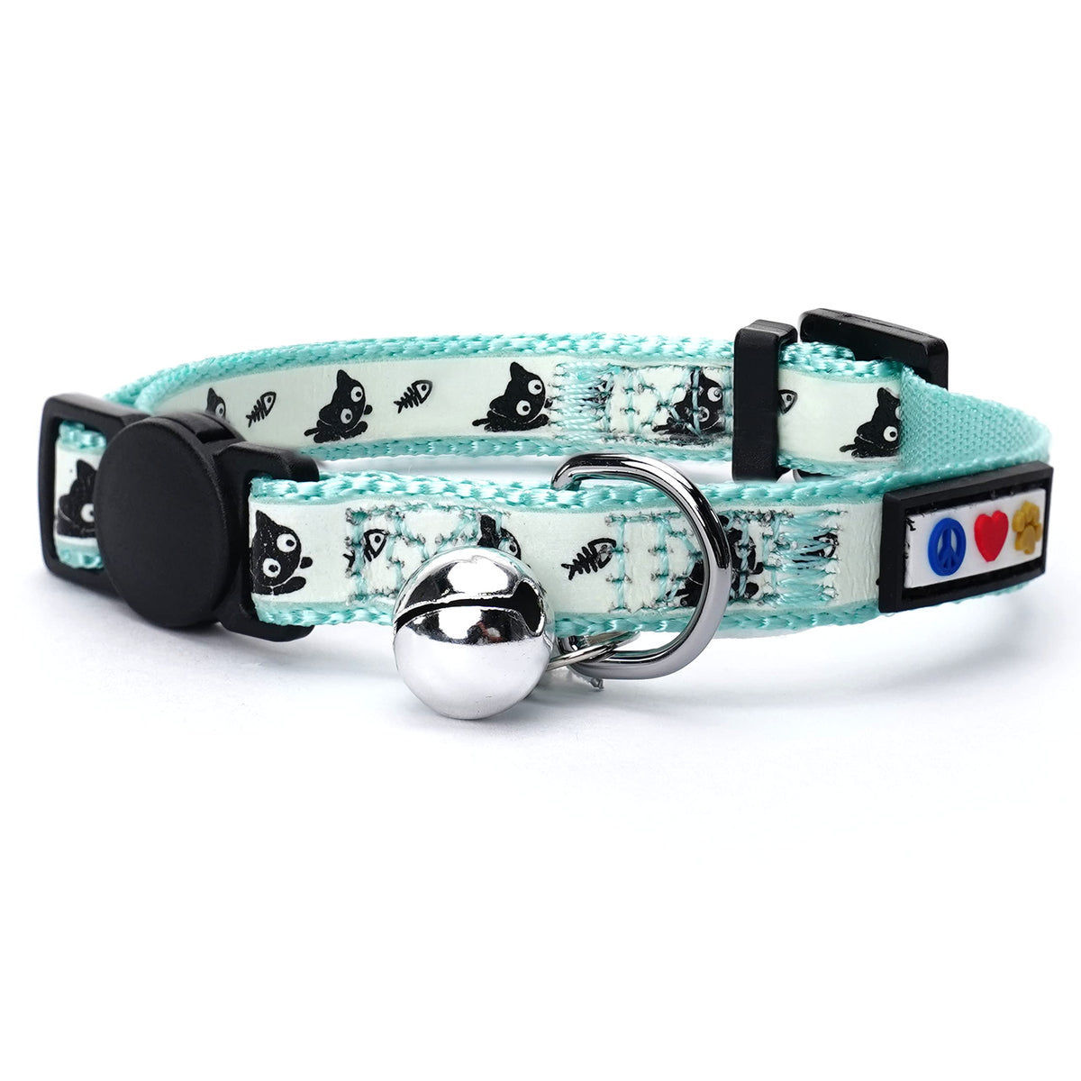 Pawtitas Glow in the Dark Cat Collar with Breakaway Safety Buckle & Bell Adjustable Kitten Collar, Teal