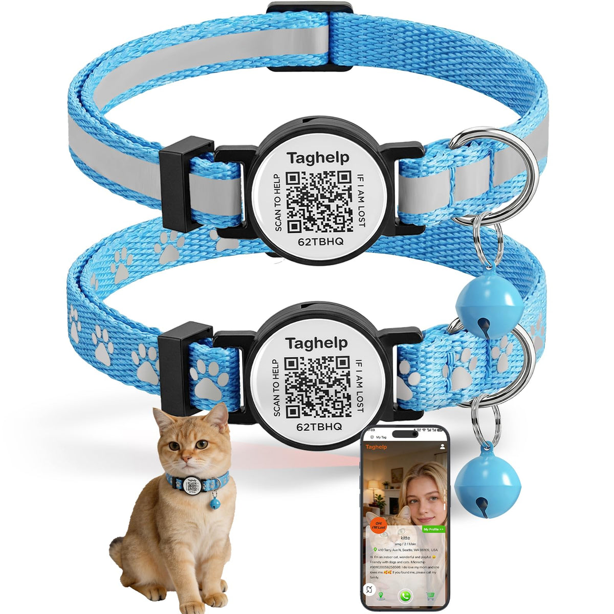 2 Pack Airtag Cat Collar, Breakaway Cat Airtag with Smart ID tag & QR Code Reflective (Moon Stars - Black & Pink, with Integrated AirTag Holder)