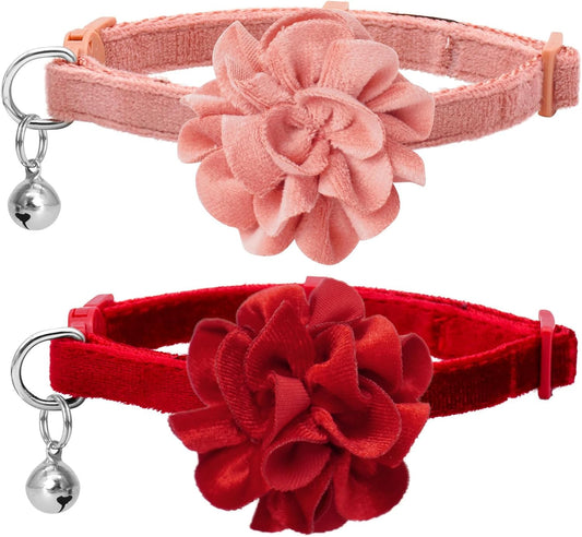 azuza 2 Pack Breakaway Cat Collars with Bell, Velvet Floral Red Cat Collar