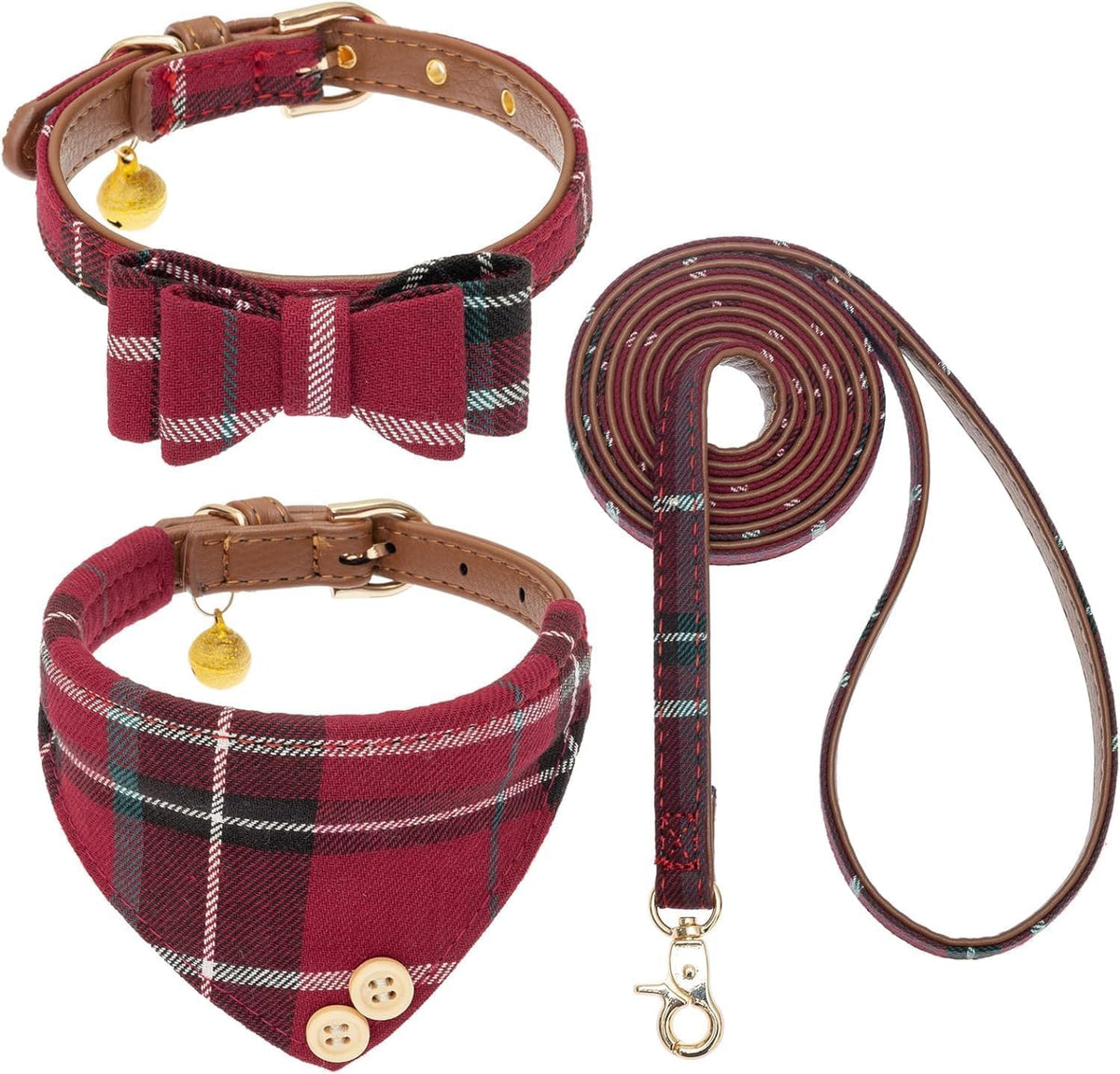 KOOLTAIL Cute Small Dog Collar and Leash Set with Bowtie and Bells,Puppy Bandana Collar and Leash for Girls with Pink Heart Pattern,Soft Leather Tangle Free Leashes for Small Dogs,Cats