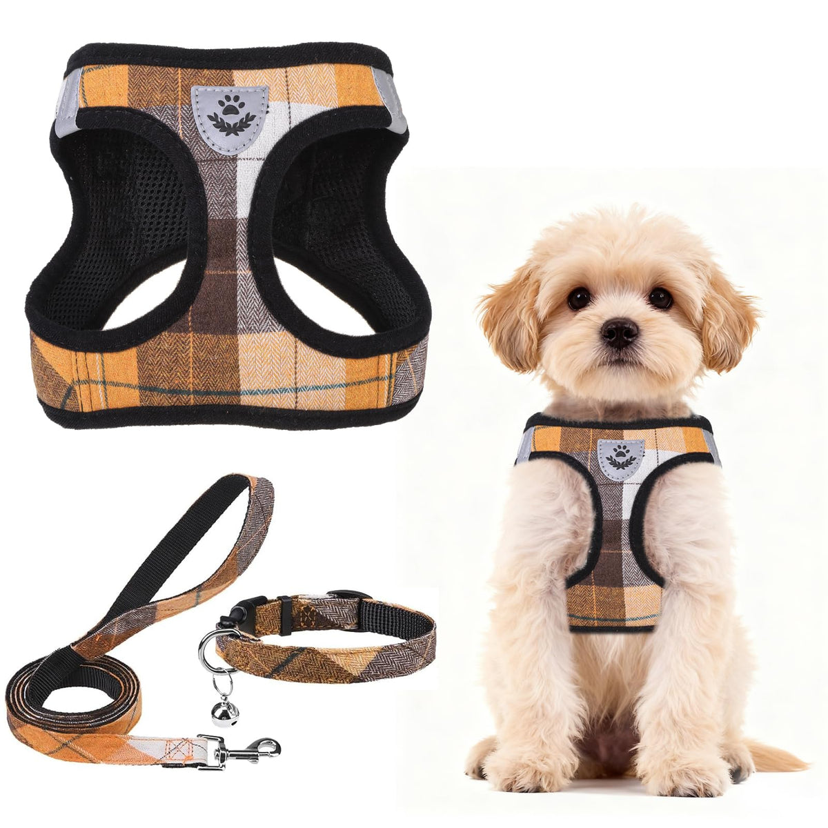 PUPTECK Adjustable Pet Harness Collar &Leash Set Step in for Small Dogs Puppy &Cats Outdoor Training &Running, Soft Mesh Padded Reflective Vest Harness,M: Chest girth: 16-18in Collar: 11.8-15.7in