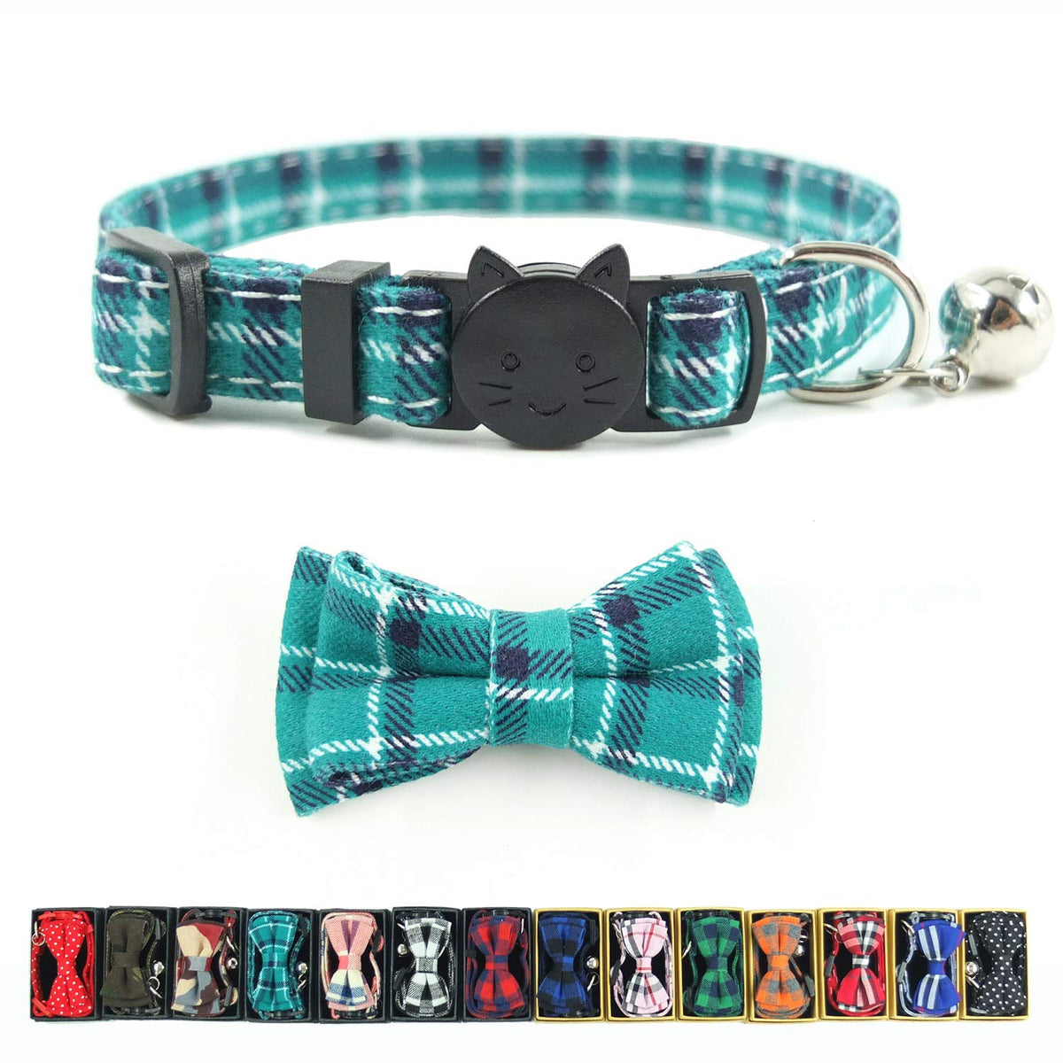 Cat Collar Breakaway with Bell and Bow Tie, Plaid Design Adjustable Safety Kitty Kitten Collars Set of 2 PCS (6.8-10.8in) (Green&Orange Plaid)
