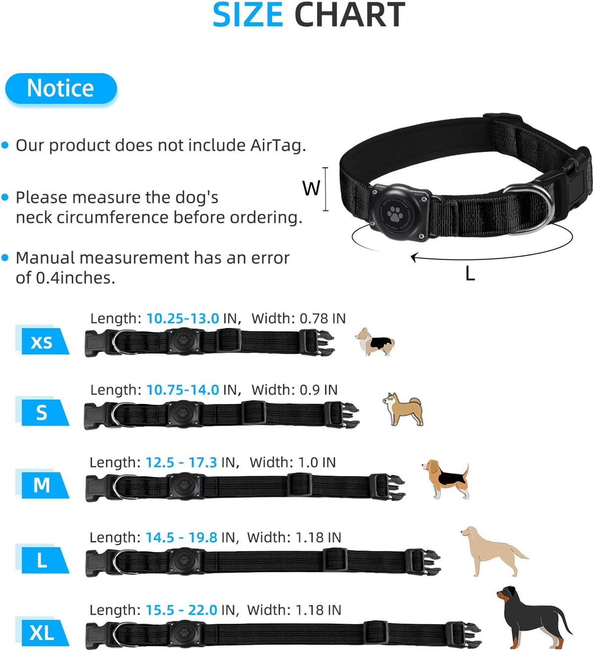Upgrade Dog Collar with AirTag Holder, IP68 Waterproof, Black, S