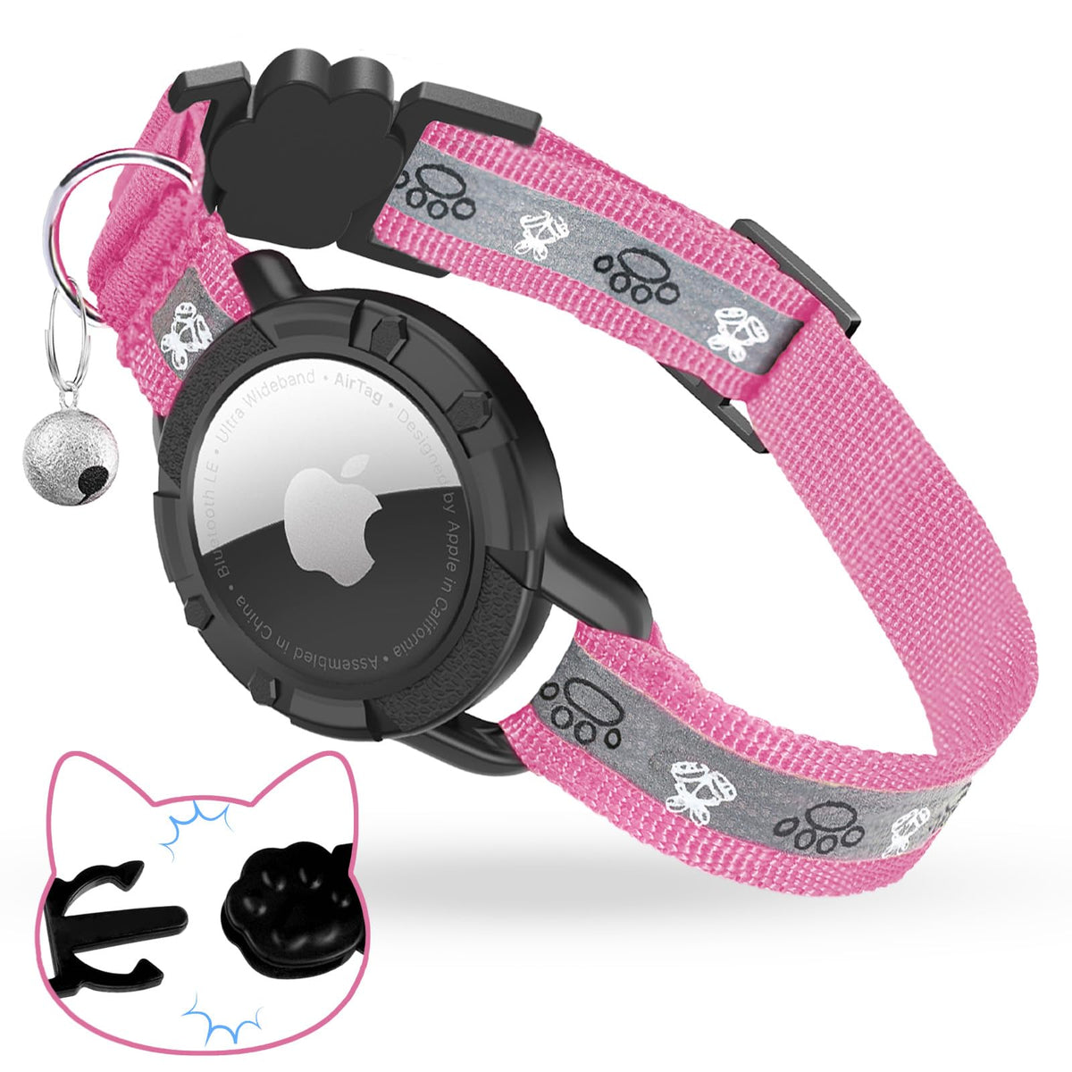 Breakaway AirTag Cat Collar, Reflective Cat Tracker Collar with Bell