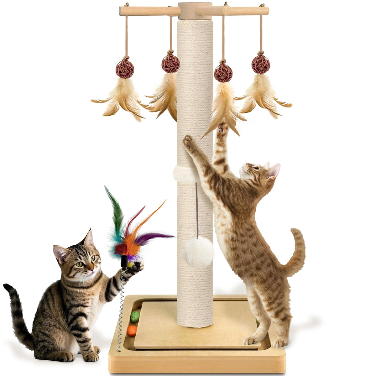 Cat Scratching Post, Sisal Scratcher with Enrichment Toys for Indoor Cats