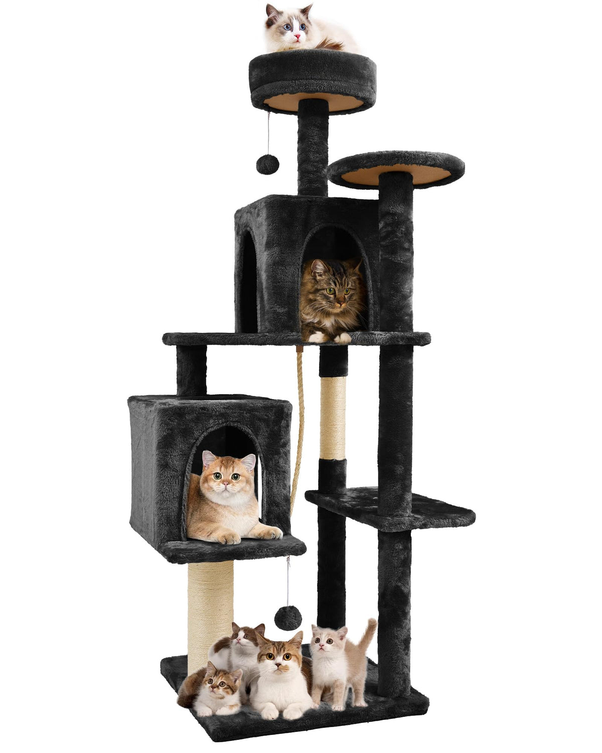 58.5inch Large Cat Tree Tower Condo for Indoor Cats, Soft Plush Multi-Level Climbing Tree Cat House with Cat Cave, Scratching Post, More Entrance/Exit, Sisal Rope, Grey Black