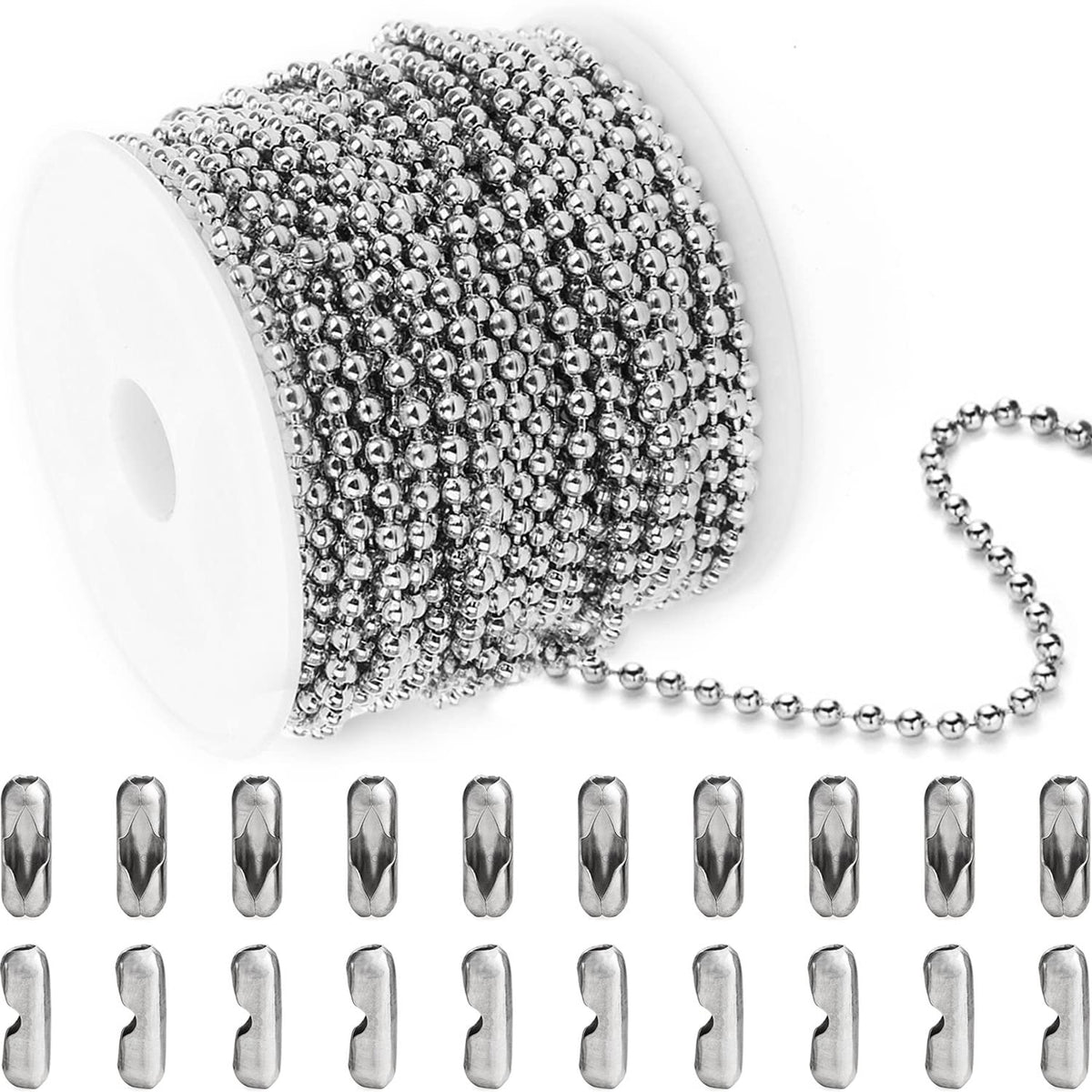 Jishi Steel Ball Chain Bead Dog Tag Chain Beaded Necklace Chains for Jewelry Making Bracelet Military Crafts, Silver Metal Pull Chain Small Ball Bead Chain Roll w/20 Connectors (Black, 33ft 2.4mm)