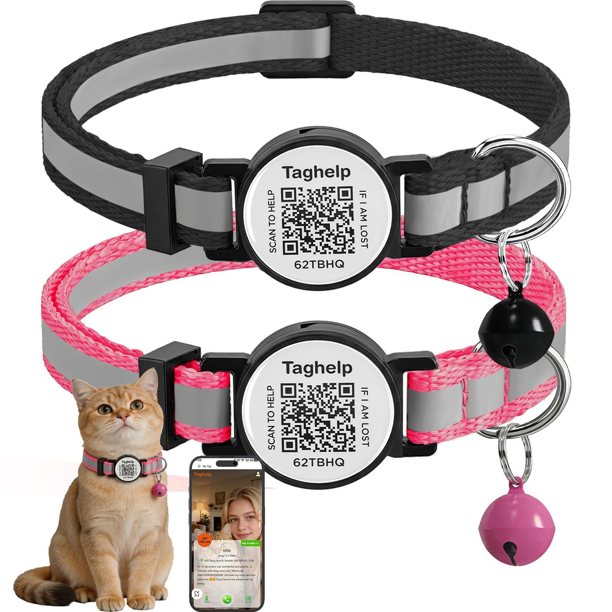 2 Pack QR Code Cat Collar with Instant Lost Pet Recovery System, Scan for Urgent Alerts & Location Info, Breakaway Reflective Collar with Safety Bell (Blue & Pink)