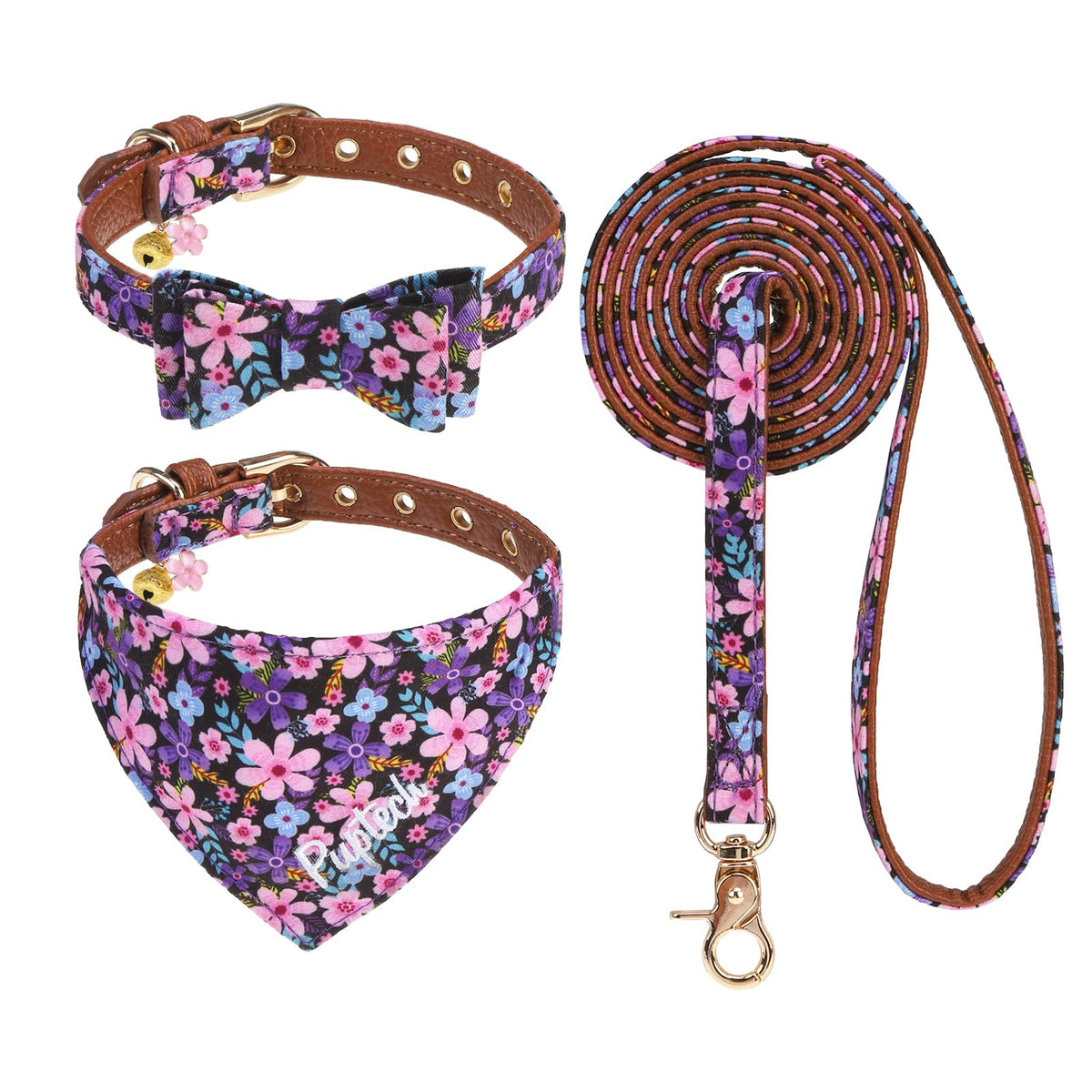 PUPTECK Halloween Dog Collar and Leash Set - 3 Pack Adjustable Pet Bandana Collars with Bow Tie and Bells, Soft Leather for Small Dogs Puppies and Cats Accessories, Orange Pumpkin